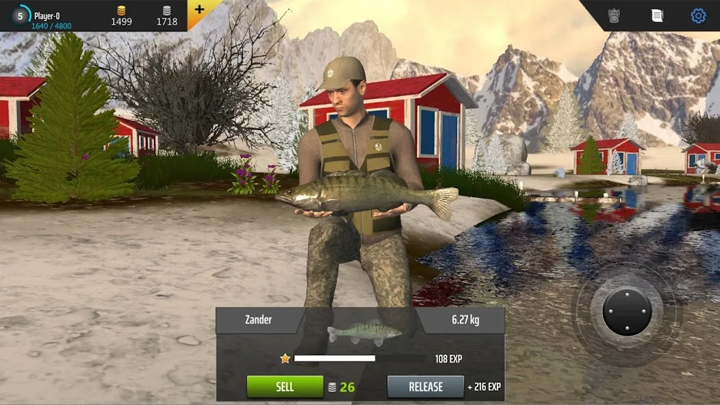 Ecrã de Professional Fishing com a captura de um zander e o painel de peso e experiência