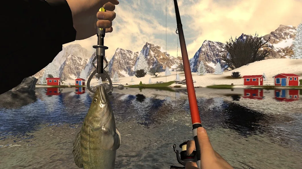 Vista de um lago em Professional Fishing com três canas montadas na margem